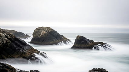 Obraz premium Mist covered rocky coastline with crashing ocean waves