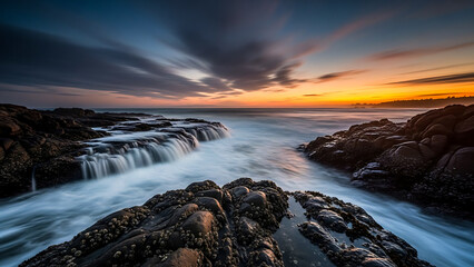 Sunset ocean waves crashing on rocky shore rocks