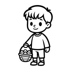 Dibujo sencillo de un ni&ntilde;o de pie sosteniendo en la mano una cesta llena de huevos de pascua