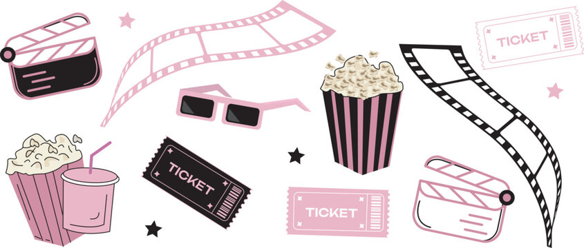 Cinema Elements Vector Set&ndash; Popcorn, Film Strip, Movie Tickets and Clapperboard Isolated on Transparent Background. Pink and Black style.