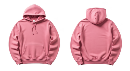 Front and back view of a plain pink hoodie pullover mockup isolated on transparent background