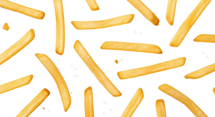 Floating french fries golden delicious potatoes scattered seamless pattern isolated on transparent background