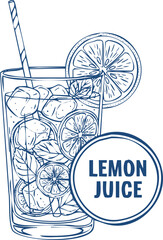 Hand drawn glass of lemonade with ice, fruit slices and text