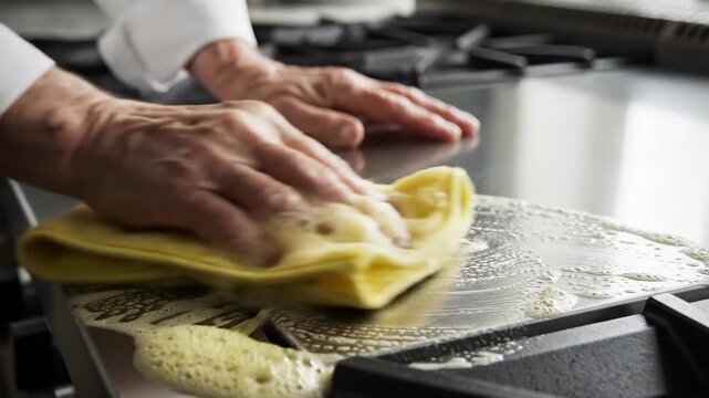 Close-up of hands cleaning a stainless steel stove with a soapy yellow cloth. Professional chef or cleaner scrubbing a gas range cooktop with foam and detergent. Kitchen hygiene and spring cleaning