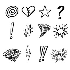 Hand drawn doodle icons set with comic symbols, sketch style black line illustration