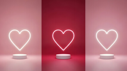 Three neon heart outlines on happy valentine's day white pedestals pink background