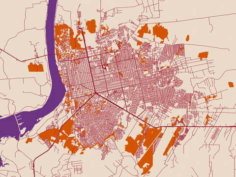 City map of Porto Velho, Brazil &mdash; minimal cream city base with wine-red streets, terracotta accents and soft purple water areas