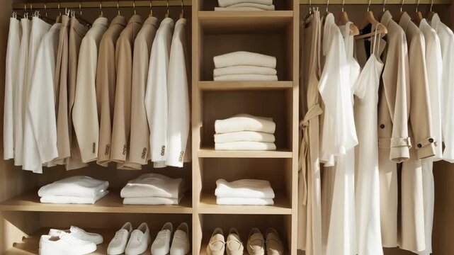 A perfectly organized walk-in closet with a minimalist aesthetic. A curated capsule wardrobe with neutral color clothes neatly arranged. Home organization and spring cleaning concept