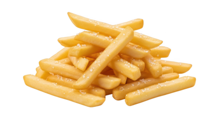 Delicious golden french fries sprinkled with salt displayed in a pile isolated on transparent background