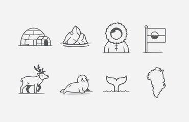 Minimalist Greenland icon set featuring igloo, iceberg, Inuit people, flag, reindeer, seal, whale and map. Dot icon style, clean design for education, geography and Arctic climate topics. © rampatex