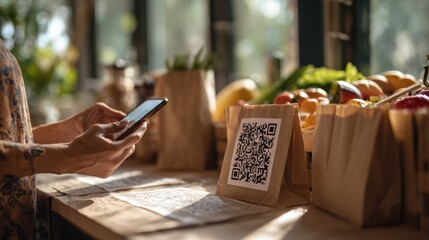 Qr code payment for organic grocery shopping at local market