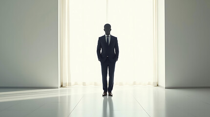 Fototapeta premium Minimalist Business Executive Silhouette Standing in Bright Modern Office Space