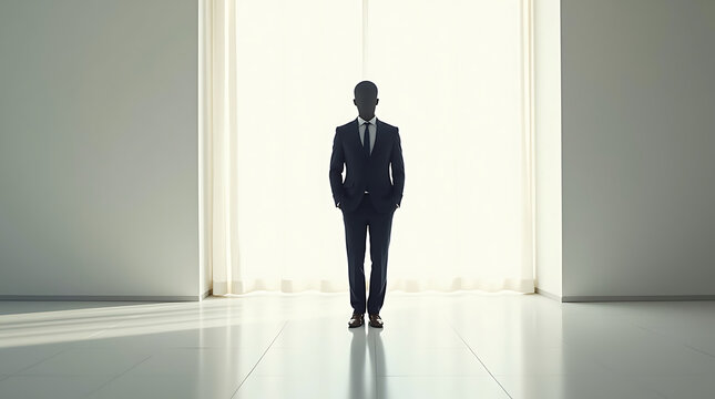 Minimalist Business Executive Silhouette Standing in Bright Modern Office Space