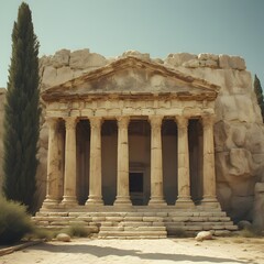 Obraz premium Ancient Greek Temple with Columns and Pediment in Ruins, Historical Landmark