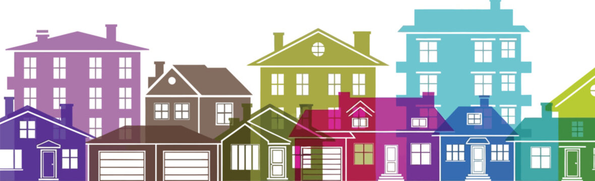 Colorful graphic silhouette illustration depicting a diverse neighborhood row of overlapping residential houses and apartment buildings symbolizing community living and real estate concepts