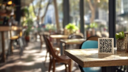 Obraz premium Cozy cafe interior with qr code on table for contactless ordering
