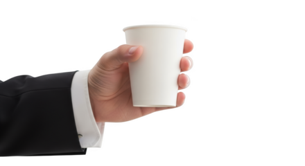 Businessman hand holding a paper coffee cup presentation of beverage offer isolated on transparent background