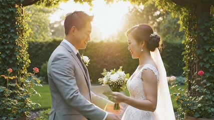 Couple exchanging heartfelt vows in a romantic garden setting, showcasing emotional connection and intimate moments during wedding ceremony