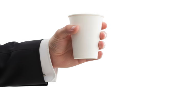 Businessman hand holding a paper coffee cup presentation of beverage offer isolated on transparent background - Powered by Adobe