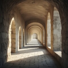 Obraz premium Ancient Arched Corridor with Natural Light, Stone Floor and Walls, Historical Architecture