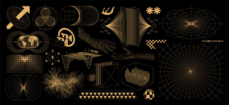 Wireframe 3D shape collection with abstract geometric forms and futuristic grid elements. Vector set