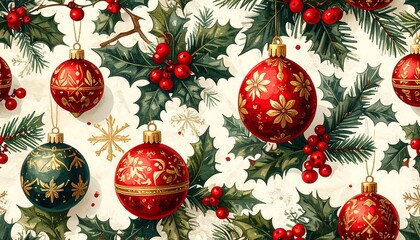 Festive Christmas Ornament Pattern with Holly and Berries.