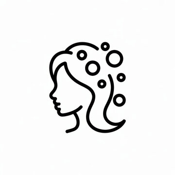 Minimal black line icon of a womans face with flowing hair and floating bubbles representing skincare cleansing beauty treatment wellness self care facial care and personal hygiene on white