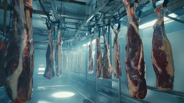 Rows of Raw Beef Hanging in a Chilled Commercial Meat Processing and Storage Facility.