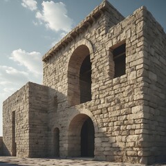 Ancient Stone Building with Arches and Windows, Historical Architecture, Weathered Texture