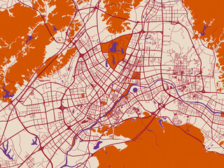 Naklejka premium Minimal city map of Yiwu, China with cream and burgundy map