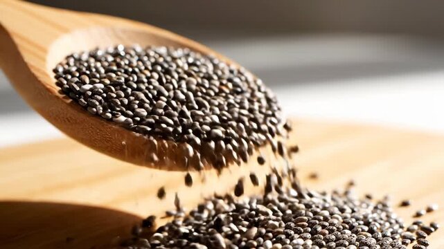Close-up of organic chia seeds pouring from a wooden spoon. Raw superfood ingredient falling in slow motion for healthy detox diet. Macro footage of dry grains and nutrition concept