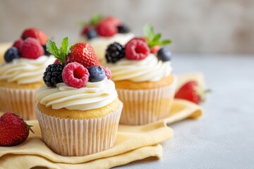 Buttercream muffins topped with fresh berries on a yellow napkin, showcasing a delightful breakfast scene with vibrant colors and inviting textures for culinary enthusiasts