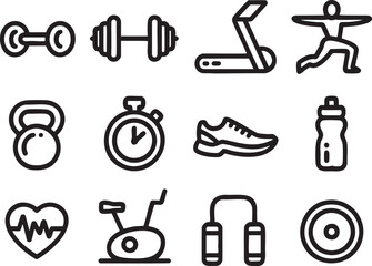 Fototapeta premium Black and white of fitness equipment and activities including barbells, kettlebells, running, and more