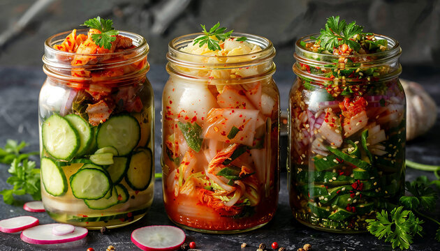 Assorted kimchi jars with cucumber, radish and cabbage on dark kitchen background, Korean food