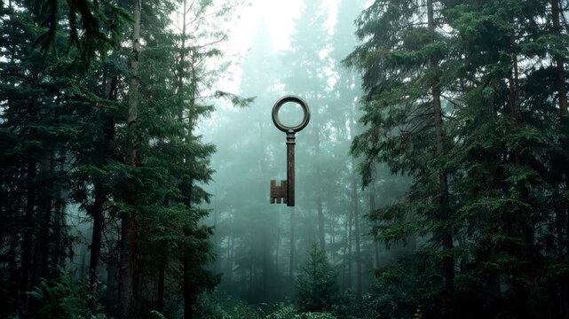 Mysterious key suspended in a misty forest, surrounded by tall trees and dense foliage, gradually revealing its intricate design and texture in a captivating visual sequence