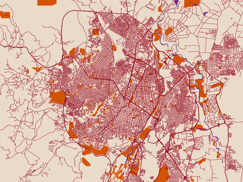 Cartographic city illustration of Cucuta, Colombia &mdash; warm neutral background with burgundy linework streets, terracotta blocks and violet water contrast