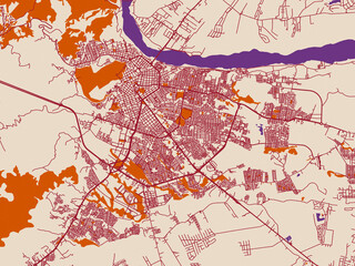 Naklejka premium Street map of Villavicencio, Colombia in burgundy linework on cream