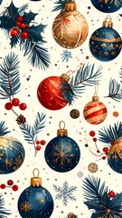 Festive Christmas Ornament Pattern with Holly and Pine Branches.