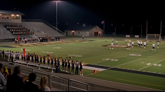Nighttime american football game with players on field and spectators in stands