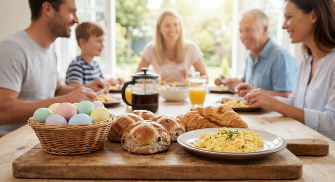 Family enjoying Easter brunch with eggs and pastries at table  