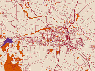 Naklejka premium Street network map of Prostejov, Czechia, featuring warm neutral background with burgundy linework streets, terracotta blocks and violet water contrast