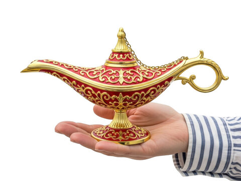 Holding an ornate genie lamp isolated on transparent background