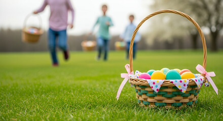 Children running with Easter baskets in a green meadow  