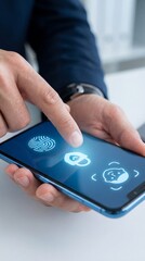 Businessman touching secure lock fingerprint icon digital security vertical concept
