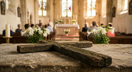 Wooden cross on altar with wedding ceremony in church background  