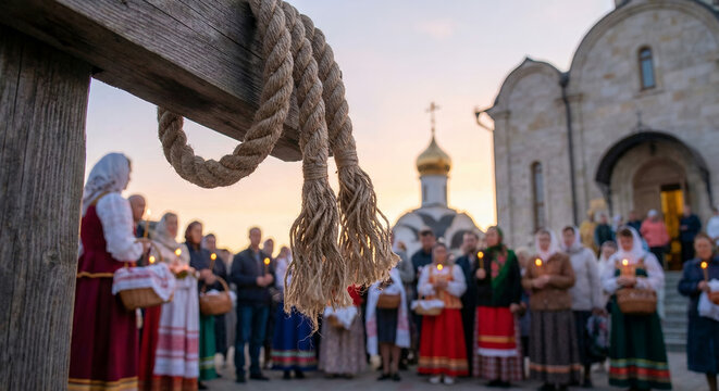 Group of people celebrating Easter with candles outside the church  