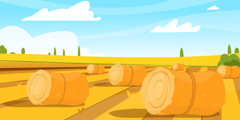 Obraz premium Rural landscape. Countryside fields with hay bales. Dry wheat grass. Village panorama. Bundles of straw. Farming haylofts. Forage harvesting. Agriculture haystacks. Vector background