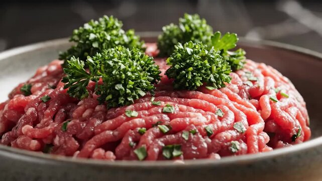 Raw ground lamb meat in a ceramic bowl with fresh parsley garnish. Close-up of uncooked mince ingredient for Mediterranean or Middle Eastern cuisine
