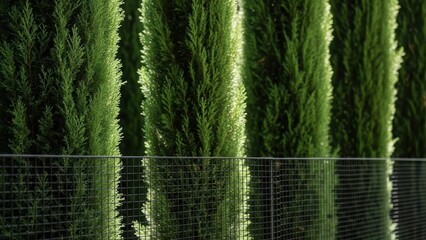 Green cypress trees behind a metal fence. Outdoor natural background. Landscape design concept for garden and park.