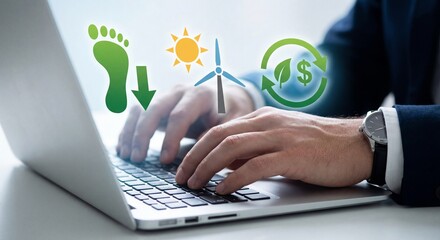 Businessman typing on laptop with green sustainability icons carbon footprint reduction and renewable energy business concept